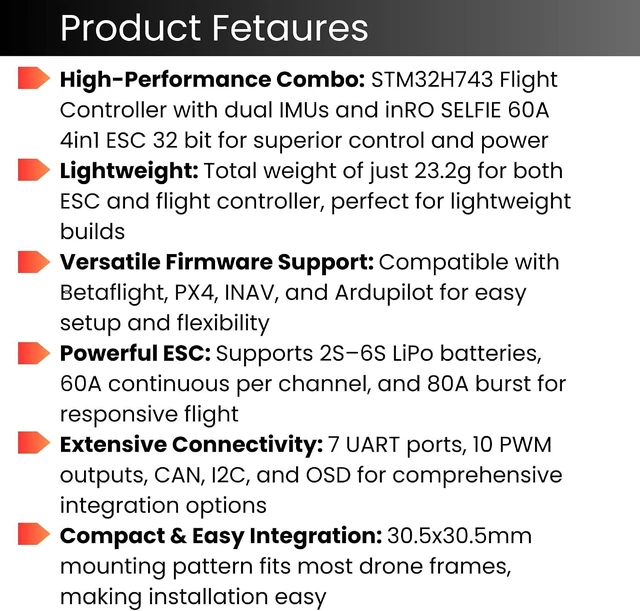 Alt view image 7 of 7 - H743 Flight Controller with 60A 32-Bit ESC 30x30 Stack, Supports 2-6S LiPo, Dual IMU, Compass & Barometer, Betaflight/INAV/PX4/Ardupilot Compatible for FPV & Racing Drones
