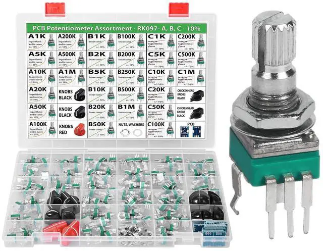 Main image of 100 pcs Vertical Small 10% Tolerance 15mm Shaft 9mm Potentiometer Assortment Kit for PCB Mount 1K, 2K, 5K, 10K, 20K, 50K, 100K, 200K, 250K, 500K, 1M, Linear, logarithmic, Reverse Log