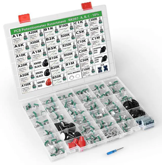 Alt view image 2 of 7 - 100 pcs Vertical Small 10% Tolerance 15mm Shaft 9mm Potentiometer Assortment Kit for PCB Mount 1K, 2K, 5K, 10K, 20K, 50K, 100K, 200K, 250K, 500K, 1M, Linear, logarithmic, Reverse Log