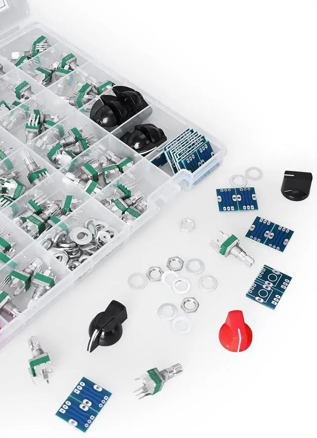 Alt view image 3 of 7 - 100 pcs Vertical Small 10% Tolerance 15mm Shaft 9mm Potentiometer Assortment Kit for PCB Mount 1K, 2K, 5K, 10K, 20K, 50K, 100K, 200K, 250K, 500K, 1M, Linear, logarithmic, Reverse Log