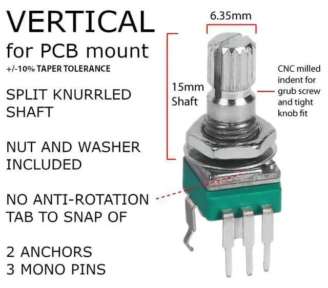 Alt view image 6 of 7 - 100 pcs Vertical Small 10% Tolerance 15mm Shaft 9mm Potentiometer Assortment Kit for PCB Mount 1K, 2K, 5K, 10K, 20K, 50K, 100K, 200K, 250K, 500K, 1M, Linear, logarithmic, Reverse Log