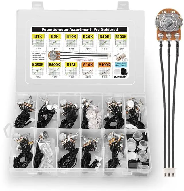 Main image of Potentiometer Assortment pre-Wired B1K B5K B10K B20K B50K B100K B250K B500K B1M (Linear) A10K A100K (Audio Log) prefabed, pre-soldered incl. Knobs, Dust Seals, 3-pin 0.1 inch Connectors, 48 pcs