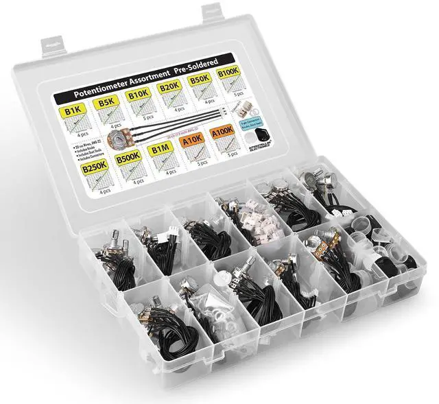 Alt view image 2 of 5 - Potentiometer Assortment pre-Wired B1K B5K B10K B20K B50K B100K B250K B500K B1M (Linear) A10K A100K (Audio Log) prefabed, pre-soldered incl. Knobs, Dust Seals, 3-pin 0.1 inch Connectors, 48 pcs