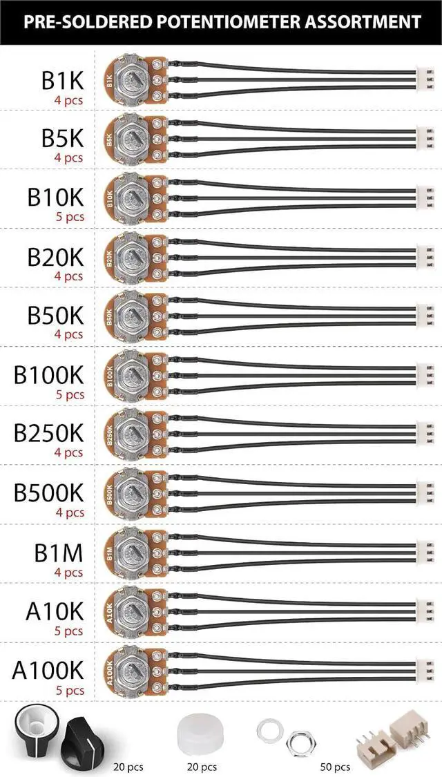 Alt view image 5 of 5 - Potentiometer Assortment pre-Wired B1K B5K B10K B20K B50K B100K B250K B500K B1M (Linear) A10K A100K (Audio Log) prefabed, pre-soldered incl. Knobs, Dust Seals, 3-pin 0.1 inch Connectors, 48 pcs