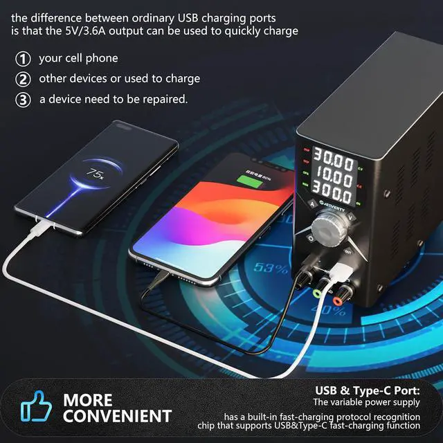 Alt view image 5 of 6 - DC Power Supply Variable, 0-30V 0-10A Adjustable Switching DC Regulated Bench Power Supply with 20W USB & Type-C Quick-Charge, Encoder Knob, 4-Digit LED Display, Preset Memory - SPS-3010X