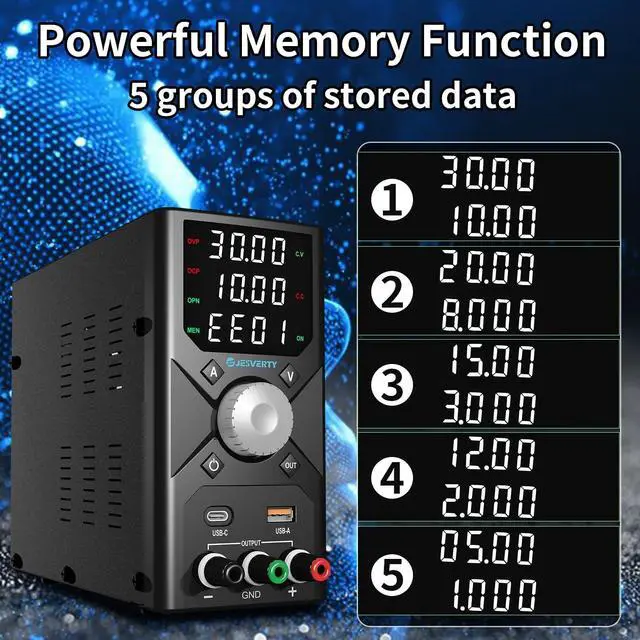 Alt view image 6 of 6 - DC Power Supply Variable, 0-30V 0-10A Adjustable Switching DC Regulated Bench Power Supply with 20W USB & Type-C Quick-Charge, Encoder Knob, 4-Digit LED Display, Preset Memory - SPS-3010X
