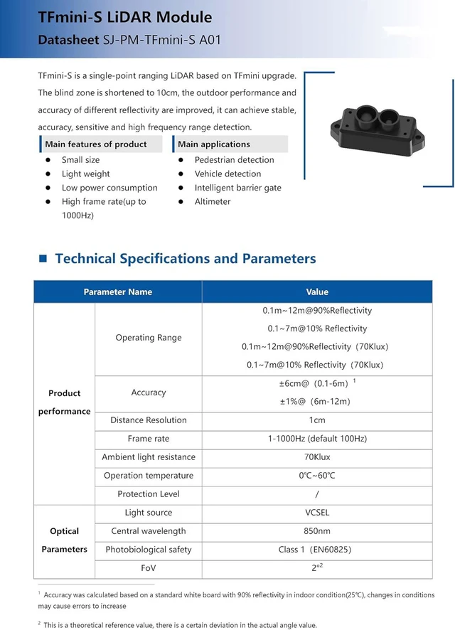 Alt view image 3 of 7 - Benewake TFmini-S LiDAR Module, High-Accuracy ToF Laser Radar Distance Sensor (0.1-12m), 1000Hz Frame Rate, UART/I2C/IO for Raspberry Pi, Robotics & Industrial Automation