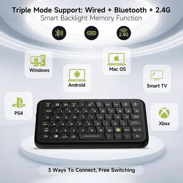 Alt view image 3 of 7 - Mini Keyboard with Triple Mode (2.4G/Bluetooth/USB-C),RGB Backlit with Memory, Air Mouse, Ultra-Slim Portable, Compatible with Tablet/PC/Smart TV/Phone (iOS/Android/Windows/Mac)