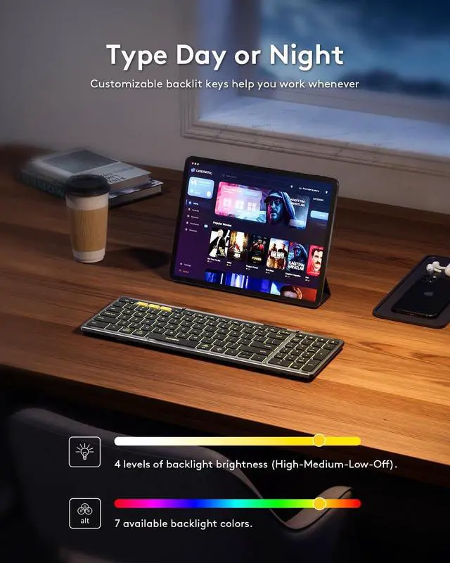 Alt view image 2 of 7 - Full-Size Backlit Foldable Bluetooth Keyboard with Numeric pad-Gray