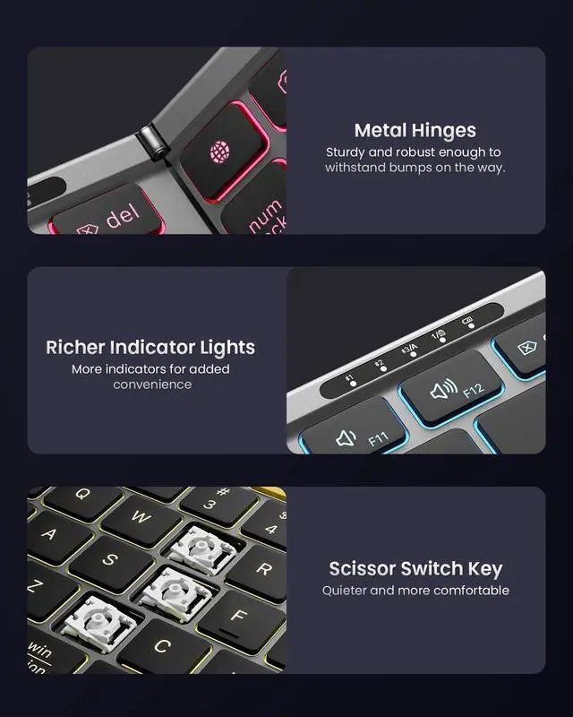 Alt view image 7 of 7 - Full-Size Backlit Foldable Bluetooth Keyboard with Numeric pad-Gray