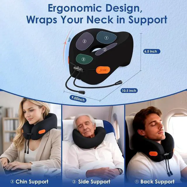 Alt view image 2 of 7 - Travel Pillow Memory Foam Neck Pillow for Airplanes with Adjustable Neck Support, Includes Eye Mask, Earplugs & Storage Bag - Perfect for Flights, Road Trips, and Trains