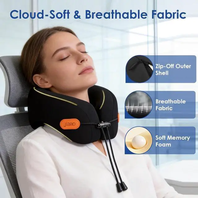 Alt view image 3 of 7 - Travel Pillow Memory Foam Neck Pillow for Airplanes with Adjustable Neck Support, Includes Eye Mask, Earplugs & Storage Bag - Perfect for Flights, Road Trips, and Trains