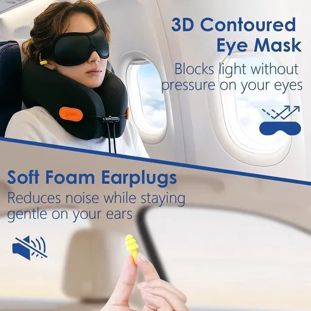 Alt view image 5 of 7 - Travel Pillow Memory Foam Neck Pillow for Airplanes with Adjustable Neck Support, Includes Eye Mask, Earplugs & Storage Bag - Perfect for Flights, Road Trips, and Trains
