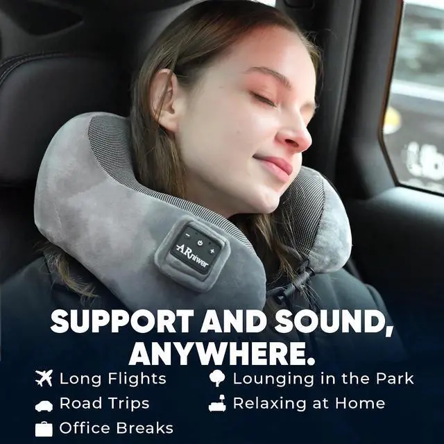 Alt view image 3 of 7 - Bluetooth Music Semicircular Neck Pillow Wireless Bluetooth Speaker Suitable Airplane,Bus,Train,Car,Office,and Outdoor Camping for Sleeping, Resting The Best Travel Essentials. (Light Gray)