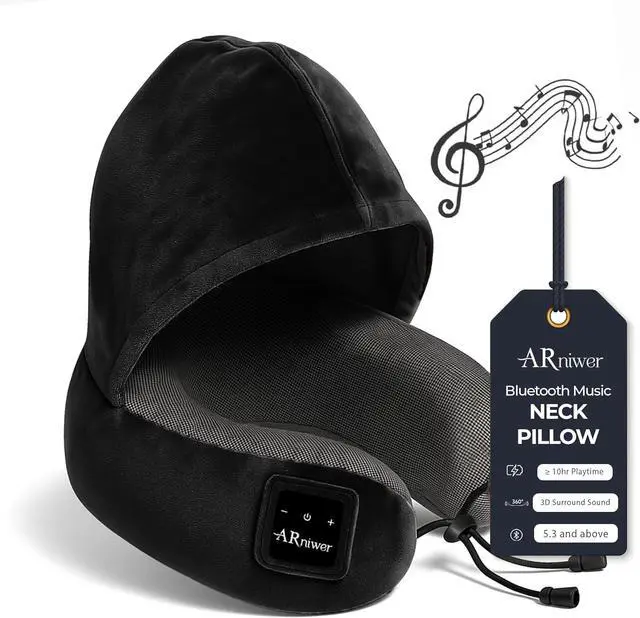 Main image of Bluetooth Music Semicircular Neck Pillow with Hood Wireless Bluetooth Speaker Suitable Airplane,Car,Office,and Outdoor Camping for Sleeping, Resting The Best Travel Essentials. (Black)