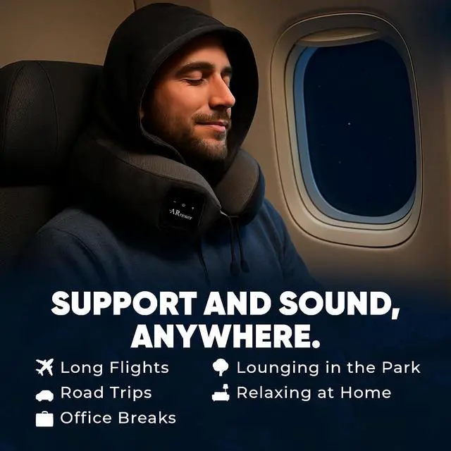 Alt view image 3 of 7 - Bluetooth Music Semicircular Neck Pillow with Hood Wireless Bluetooth Speaker Suitable Airplane,Car,Office,and Outdoor Camping for Sleeping, Resting The Best Travel Essentials. (Black)