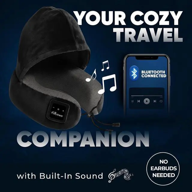 Alt view image 4 of 7 - Bluetooth Music Semicircular Neck Pillow with Hood Wireless Bluetooth Speaker Suitable Airplane,Car,Office,and Outdoor Camping for Sleeping, Resting The Best Travel Essentials. (Black)