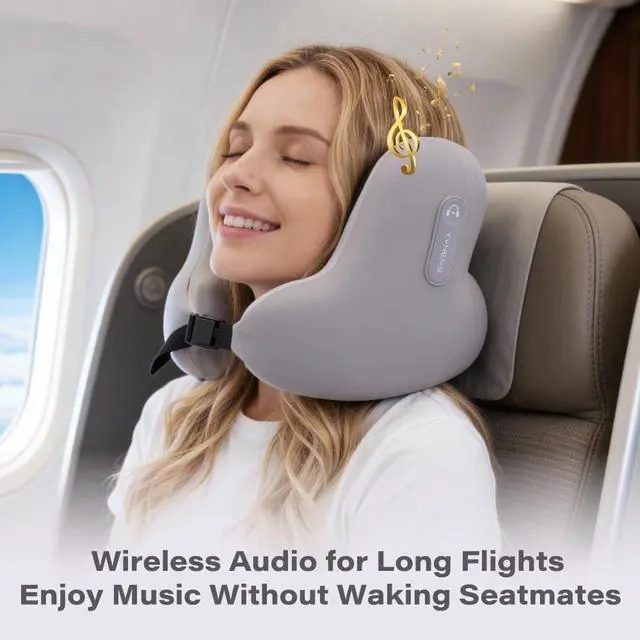 Alt view image 3 of 7 - Neck Travel Pillows for Airplanes with Bluetooth Headphones, Memory Foam Neck Travel Pillow for Airplanes, Long Flight Travel Pillow for Plane, Office, Cars, Home, Sleeping & Rest (Gray)