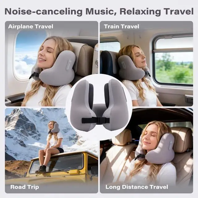 Alt view image 7 of 7 - Neck Travel Pillows for Airplanes with Bluetooth Headphones, Memory Foam Neck Travel Pillow for Airplanes, Long Flight Travel Pillow for Plane, Office, Cars, Home, Sleeping & Rest (Gray)