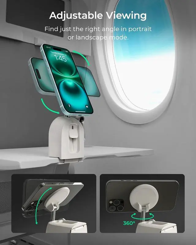 Alt view image 4 of 7 - Treker Travel Essentials Magnetic Airplane Phone Holder with 360° Rotation Swivel Head and Magnetic Ring Adapter for Universal Compatibility with MagSafe, Qi2, iPhone, and Android Smartphones