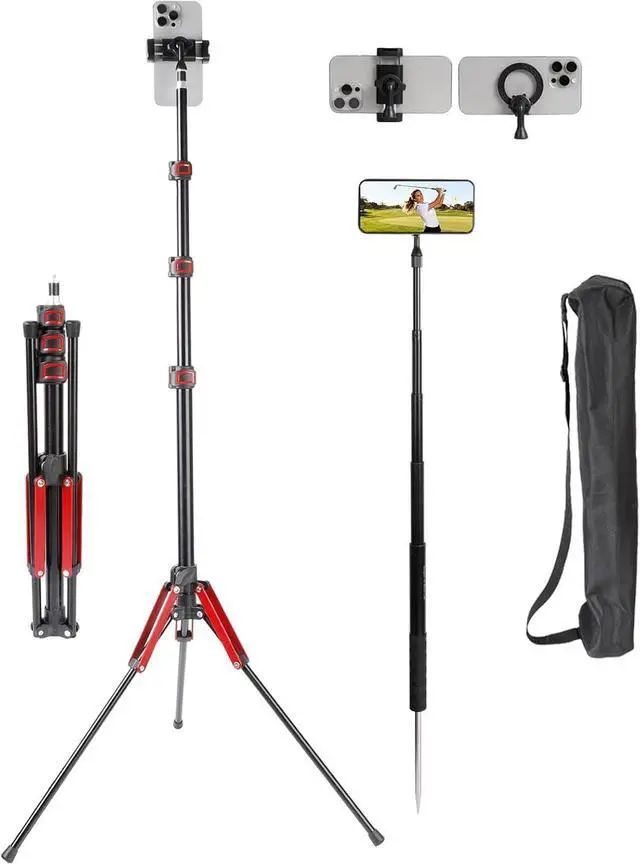 Main image of Golf Tripod & Monopod 2-in-1 Phone Stand Holder with Spike Stake, 75" Extendable Selfie Stick Tripod for Recording Golf Swing, Magnetic Ground Mount for MagSafe & Smartphones - Stable Hands-Free Video