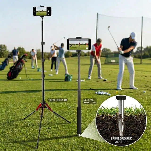 Alt view image 2 of 7 - Golf Tripod & Monopod 2-in-1 Phone Stand Holder with Spike Stake, 75" Extendable Selfie Stick Tripod for Recording Golf Swing, Magnetic Ground Mount for MagSafe & Smartphones - Stable Hands-Free Video