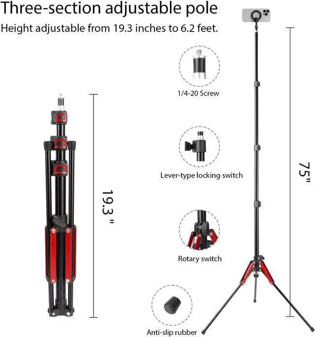 Alt view image 4 of 7 - Golf Tripod & Monopod 2-in-1 Phone Stand Holder with Spike Stake, 75" Extendable Selfie Stick Tripod for Recording Golf Swing, Magnetic Ground Mount for MagSafe & Smartphones - Stable Hands-Free Video