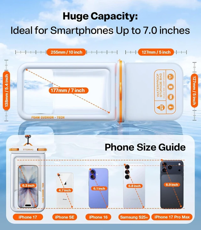 Alt view image 7 of 7 - IP68 Waterproof Floating Phone Pouch with Double Space 7.0", White