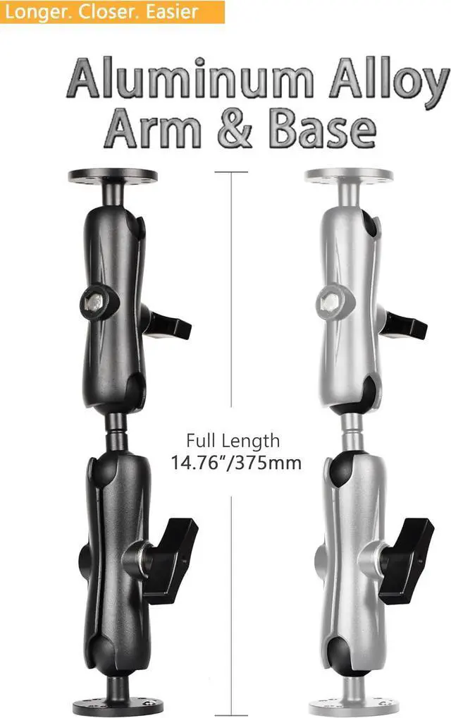 Alt view image 2 of 6 - Aluminum 1.5'' Ball Mount for Fish Finder,Tablet,ELD Holder, 14.76'' Extended Dual Arm, 2 AMPS Round Plates, Compatible with RAM C-Size Kits, Boat Marine Electronics Chartplotter Mount
