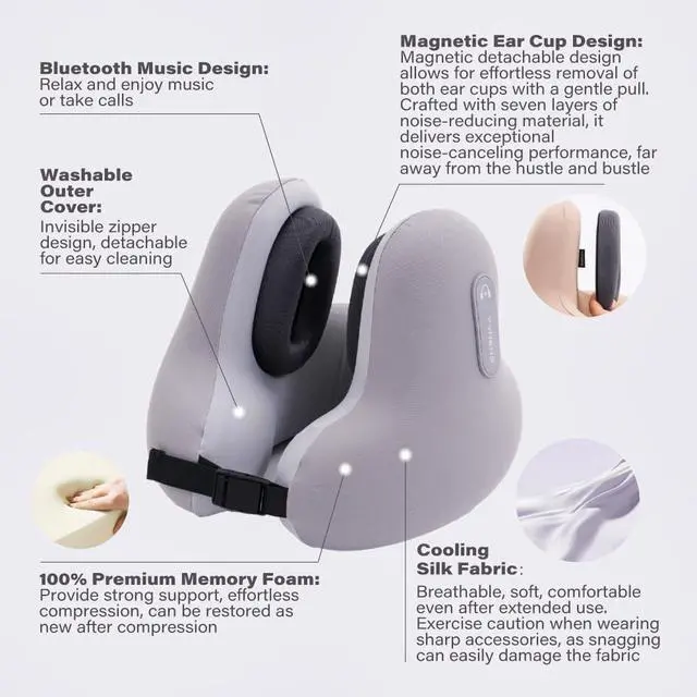 Alt view image 4 of 7 - Neck Travel Pillows for Airplanes with Bluetooth Headphones, Memory Foam Neck Travel Pillow for Airplanes, Long Flight Travel Pillow for Plane, Office, Cars, Home, Sleeping & Rest (Gray)