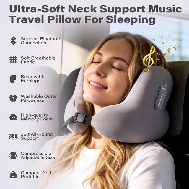 Alt view image 5 of 7 - Neck Travel Pillows for Airplanes with Bluetooth Headphones, Memory Foam Neck Travel Pillow for Airplanes, Long Flight Travel Pillow for Plane, Office, Cars, Home, Sleeping & Rest (Gray)