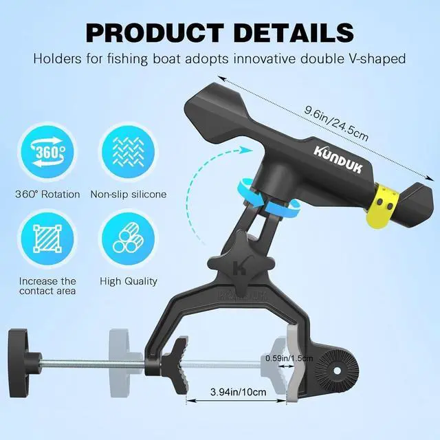 Alt view image 2 of 7 - Upgraded Fishing Rod Holder with Button-Lock 360° Dual Rotation,Universal Silicone Strap & Enlarged V-Clamp Fits Round/Square Tubes,Secure Adjustable Boat Fishing Gear for All Rod