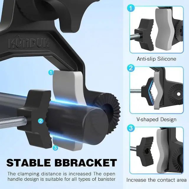 Alt view image 4 of 7 - Upgraded Fishing Rod Holder with Button-Lock 360° Dual Rotation,Universal Silicone Strap & Enlarged V-Clamp Fits Round/Square Tubes,Secure Adjustable Boat Fishing Gear for All Rod