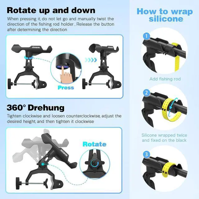 Alt view image 5 of 7 - Upgraded Fishing Rod Holder with Button-Lock 360° Dual Rotation,Universal Silicone Strap & Enlarged V-Clamp Fits Round/Square Tubes,Secure Adjustable Boat Fishing Gear for All Rod