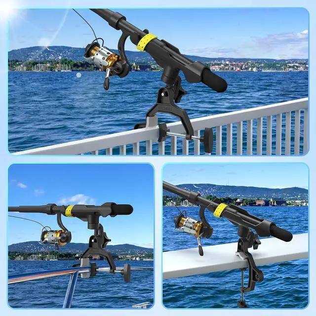 Alt view image 7 of 7 - Upgraded Fishing Rod Holder with Button-Lock 360° Dual Rotation,Universal Silicone Strap & Enlarged V-Clamp Fits Round/Square Tubes,Secure Adjustable Boat Fishing Gear for All Rod