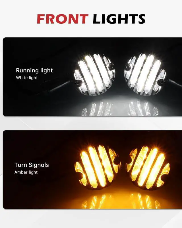 Alt view image 3 of 7 - Motorcycle Turn Signals LED Front and Rear Lights Grille Style Indicators Universal for Cruiser Tourings Café Racer Bobber Chopper Motorbikes (Chrome Front+Rear)