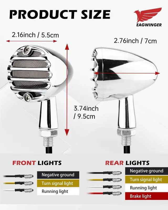 Alt view image 7 of 7 - Motorcycle Turn Signals LED Front and Rear Lights Grille Style Indicators Universal for Cruiser Tourings Café Racer Bobber Chopper Motorbikes (Chrome Front+Rear)
