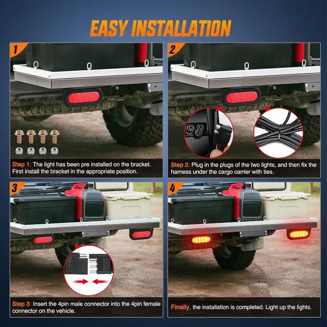 Alt view image 5 of 7 - Hitch Cargo Carrier Oval Light Kit 2PCS 6" Red w/Mounting Brackets