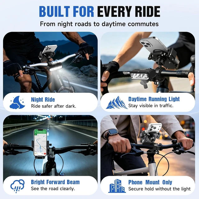 Alt view image 6 of 7 - 2026 NEW 2-in-1 Detachable Bike Light Phone Holder, IPX5 Rechargeable Bicycle Headlight Mount, Adjustable for iPhone 17 16 15 Pro Max, Galaxy & 4.7-7" Phones