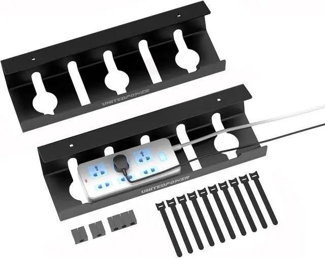 Main image of Cable Management Tray, 2-Pack Metal Power Strip Holder for Under Desk Wire Cord Organizer, Office/HomeBlack