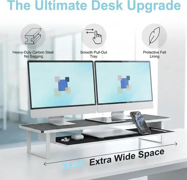 Alt view image 2 of 7 - Dual Monitor Stand Riser, 31.5 Inch Extra Wide Thick Heavy Duty Carbon Steel 2 Tier Desktop Organizer with Pull Out Layered Shelf,for Home Office Gaming Curved Monitors