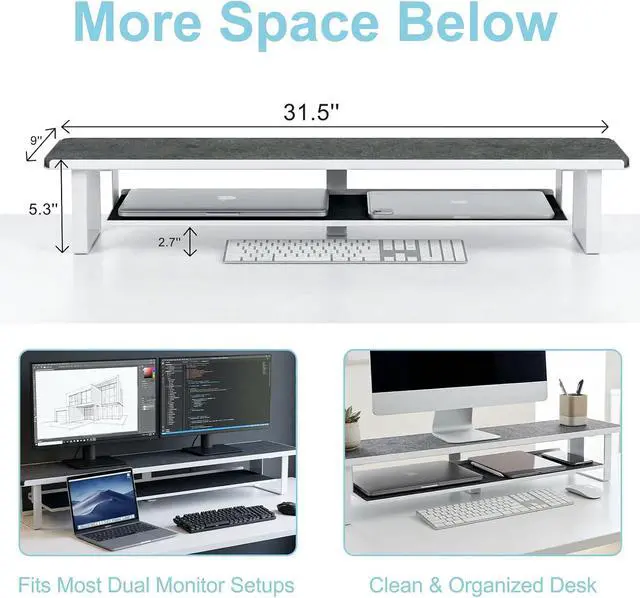 Alt view image 5 of 7 - Dual Monitor Stand Riser, 31.5 Inch Extra Wide Thick Heavy Duty Carbon Steel 2 Tier Desktop Organizer with Pull Out Layered Shelf,for Home Office Gaming Curved Monitors