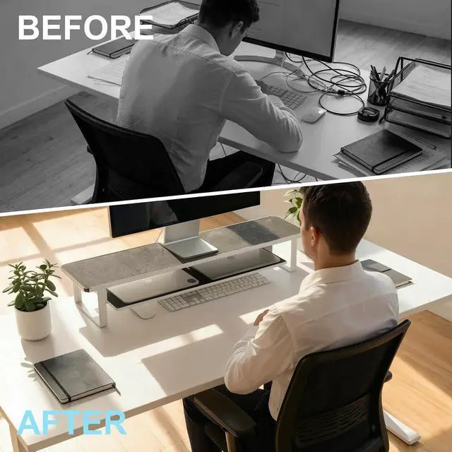 Alt view image 6 of 7 - Dual Monitor Stand Riser, 31.5 Inch Extra Wide Thick Heavy Duty Carbon Steel 2 Tier Desktop Organizer with Pull Out Layered Shelf,for Home Office Gaming Curved Monitors