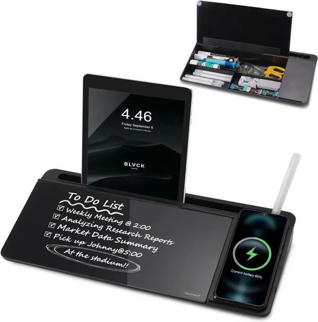 Main image of Small Glass Desktop Whiteboard Dry-Erase-Board - Computer Keyboard Stand with Wireless Charger White Board Surface Pad with Drawer, Desk Organizers with Accessories for Office, Home, School Supplies