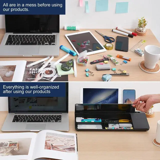 Alt view image 3 of 6 - Small Glass Desktop Whiteboard Dry-Erase-Board - Computer Keyboard Stand with Wireless Charger White Board Surface Pad with Drawer, Desk Organizers with Accessories for Office, Home, School Supplies