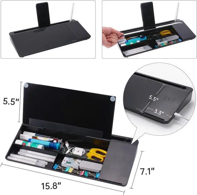 Alt view image 4 of 6 - Small Glass Desktop Whiteboard Dry-Erase-Board - Computer Keyboard Stand with Wireless Charger White Board Surface Pad with Drawer, Desk Organizers with Accessories for Office, Home, School Supplies