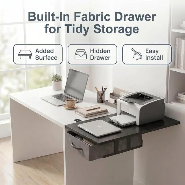 Alt view image 2 of 7 - Desk Extender Tray, 24" x 12" Clamp On Desk Extension Shelf with Drawer