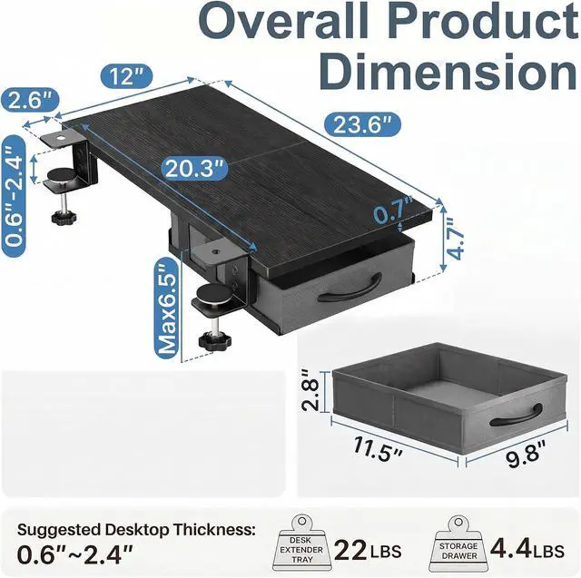Alt view image 4 of 7 - Desk Extender Tray, 24" x 12" Clamp On Desk Extension Shelf with Drawer