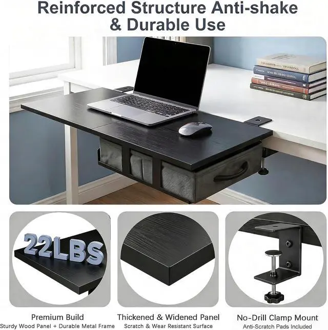 Alt view image 5 of 7 - Desk Extender Tray, 24" x 12" Clamp On Desk Extension Shelf with Drawer