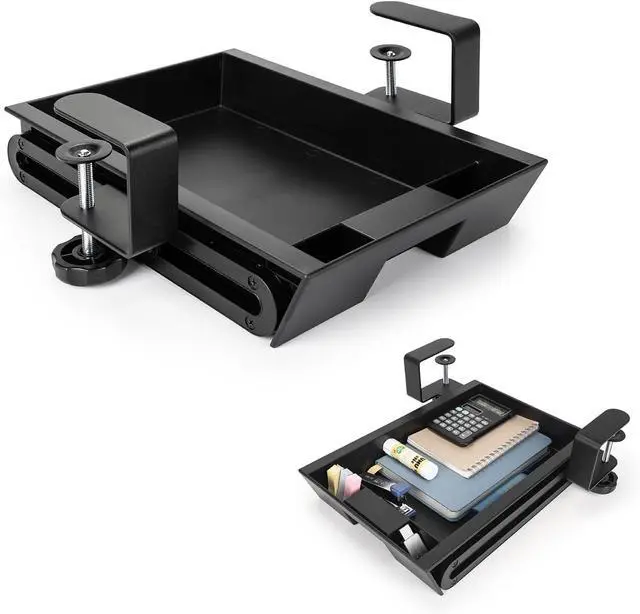 Main image of Under Desk Slide-Out Storage Drawer, Small 11.7"x8.2" Pull-Out Organizer with Smooth Sliding Rail, Adjustable C-Clamp Mount, Black Tray for Home Office & Standing Desk